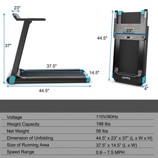 Folding Electric Compact Walking Treadmill with APP Control Speaker-Blue - Color: Blue