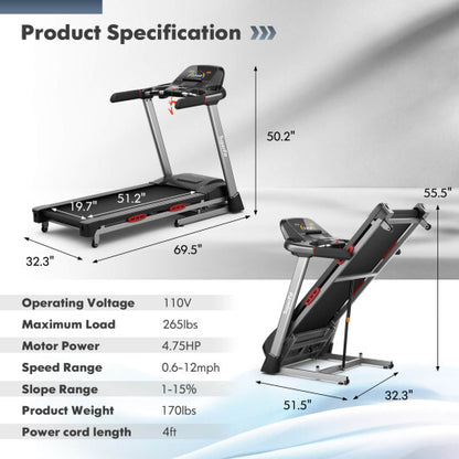 4.75 HP Folding Treadmill with Auto Incline and 20 Preset Programs-Black - Color: Black