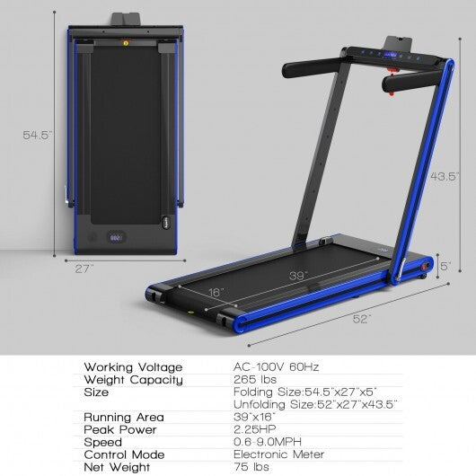 2-in-1 Folding Treadmill with Dual LED Display-Navy - Color: Navy