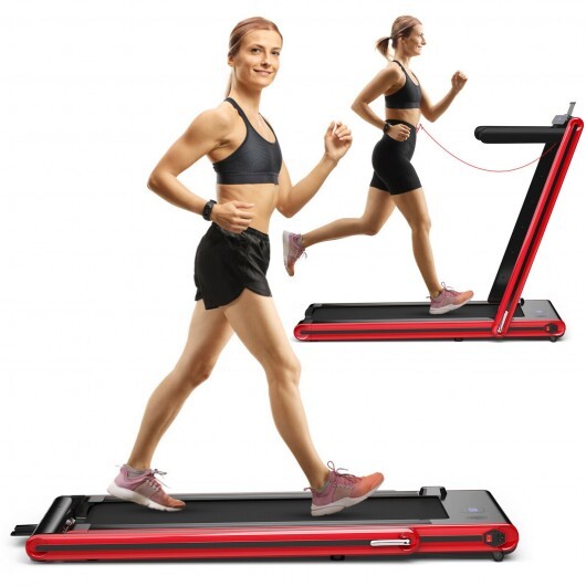 2-in-1 Folding Treadmill with Dual LED Display-Red - Color: Red