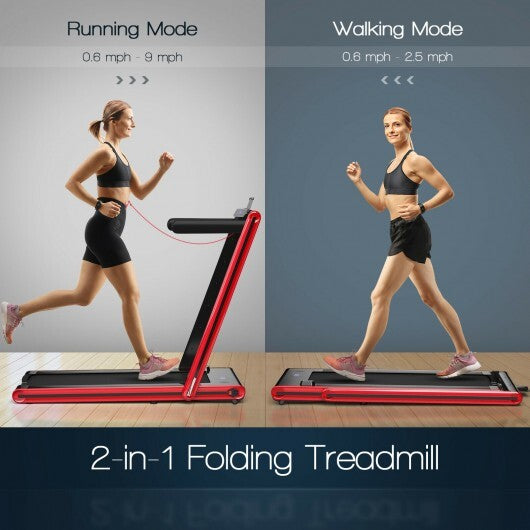 2-in-1 Folding Treadmill with Dual LED Display-Red - Color: Red