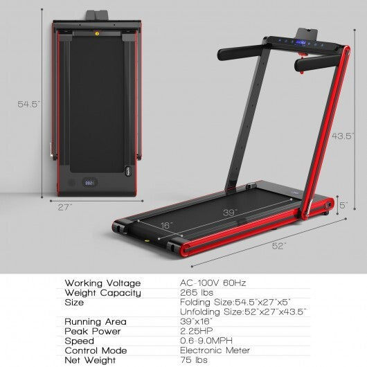 2-in-1 Folding Treadmill with Dual LED Display-Red - Color: Red