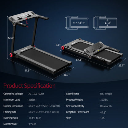 3.75HP Folding Treadmill with APP and 12 Preset Programs - Color: Black