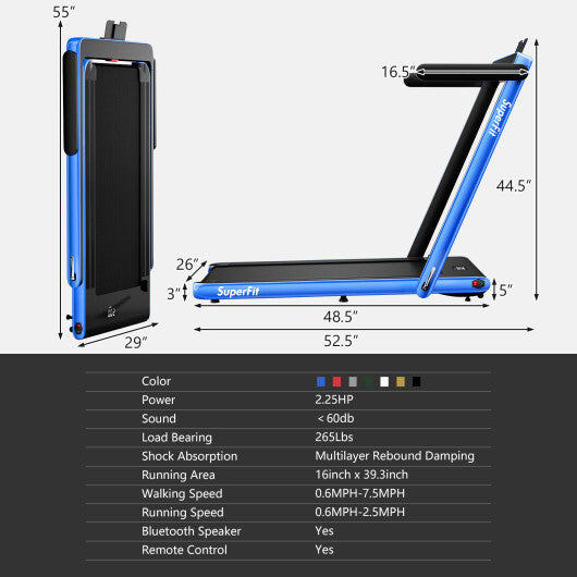 2.25HP 2 in 1 Folding Treadmill with APP Speaker Remote Control-Navy - Color: Navy