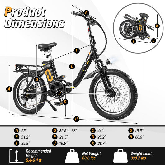 Folding Electric Bicycle for Adults with 20-Inch Fat Tires Snow E-Bike - Color: Black - Size: 20 inches