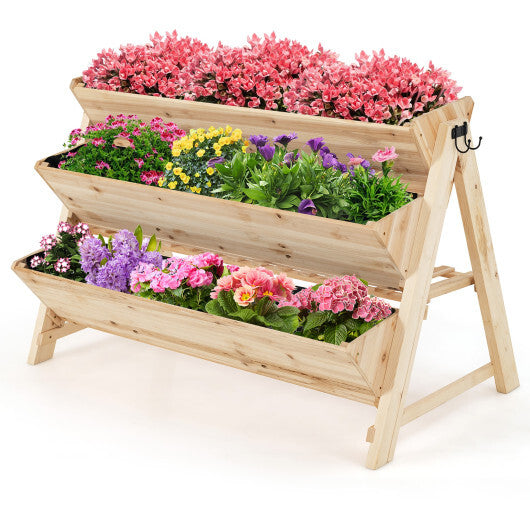 3 Tier Wooden Vertical Raised Garden Bed with Storage Shelf - Color: Natural