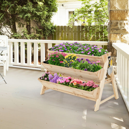 3 Tier Wooden Vertical Raised Garden Bed with Storage Shelf - Color: Natural