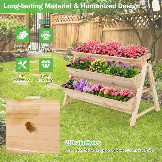 3 Tier Wooden Vertical Raised Garden Bed with Storage Shelf - Color: Natural