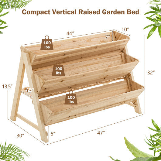 3 Tier Wooden Vertical Raised Garden Bed with Storage Shelf - Color: Natural