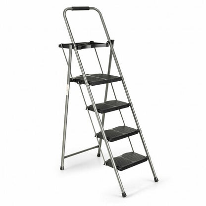 Folding 4-Step Ladder with Tool Tray Non-Slip Footpads and Pedals - Color: Black