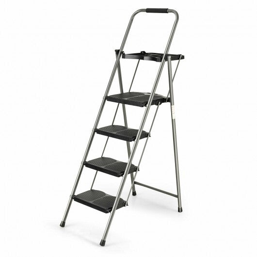 Folding 4-Step Ladder with Tool Tray Non-Slip Footpads and Pedals - Color: Black