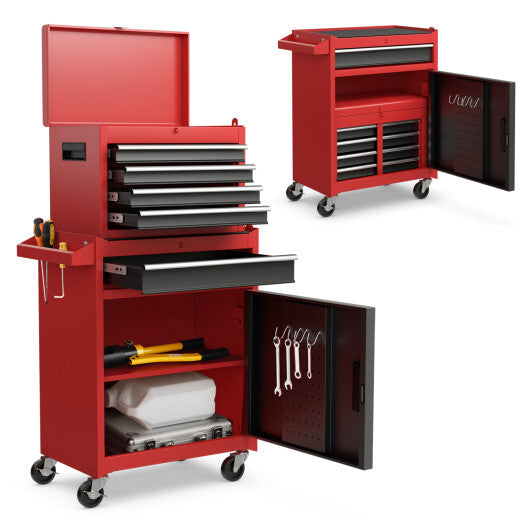 2-in-1 Tool Chest and Cabinet with 5 Sliding Drawers-Black & Red - Color: Black & Red