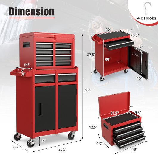 2-in-1 Tool Chest and Cabinet with 5 Sliding Drawers-Black & Red - Color: Black & Red