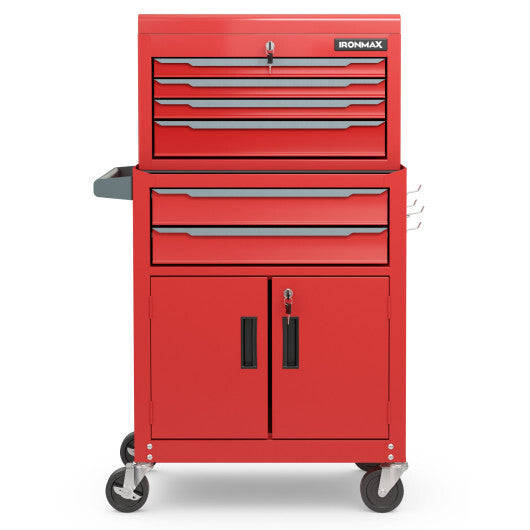 6-Drawer Rolling Tool Storage Chest Cabinet with Universal Wheels and Hooks-Red - Color: Red