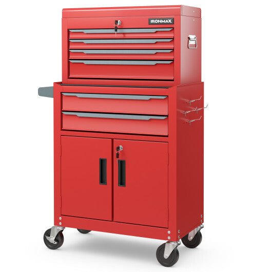 6-Drawer Rolling Tool Storage Chest Cabinet with Universal Wheels and Hooks-Red - Color: Red