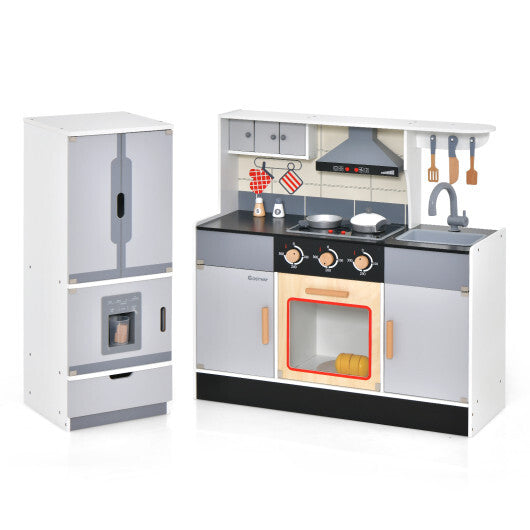 Wooden Chef Play Kitchen and Refrigerator with Realistic Range Hood and Roaster - Color: Gray