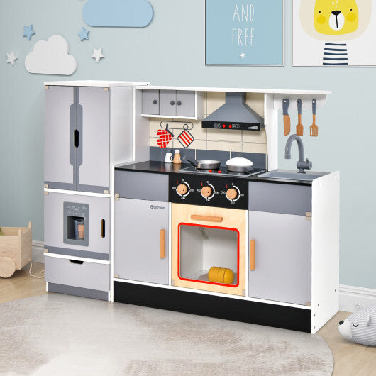 Wooden Chef Play Kitchen and Refrigerator with Realistic Range Hood and Roaster - Color: Gray