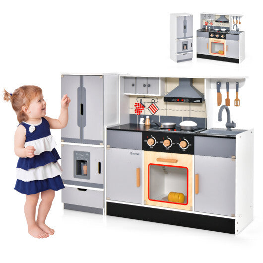 Wooden Chef Play Kitchen and Refrigerator with Realistic Range Hood and Roaster - Color: Gray