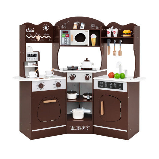 Corner Wooden Play Kitchen with Coffee Machine and Slide for Kids-Brown - Color: Brown