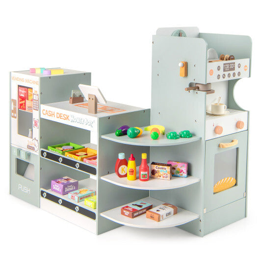 Wooden Kids Grocery Store Playset Pretend Play Supermarket-Green - Color: Green