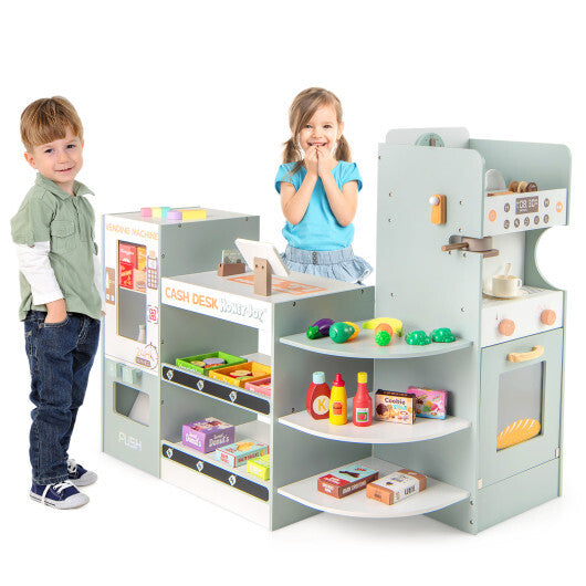 Wooden Kids Grocery Store Playset Pretend Play Supermarket-Green - Color: Green