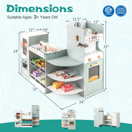 Wooden Kids Grocery Store Playset Pretend Play Supermarket-Green - Color: Green