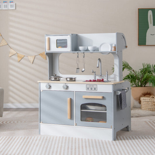 Double Sided Kids Pretend Kitchen Playset with 2-Seat Cafe-Gray - Color: Gray