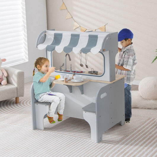 Double Sided Kids Pretend Kitchen Playset with 2-Seat Cafe-Gray - Color: Gray