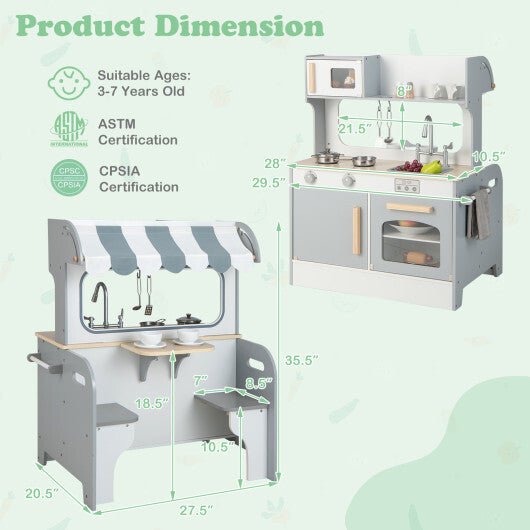 Double Sided Kids Pretend Kitchen Playset with 2-Seat Cafe-Gray - Color: Gray