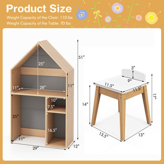 2-in-1 Kids House-Shaped Table and Chair Set-Gray - Color: Gray