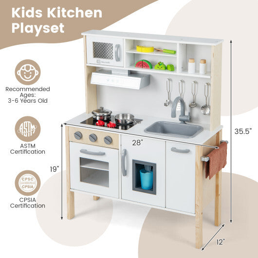 Wooden Pretend Play Kitchen Set for Toddlers-White - Color: White