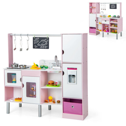 2-in-1 Double-sided Kids Kitchen and Market with Realistic Light and Sound-Pink - Color: Pink