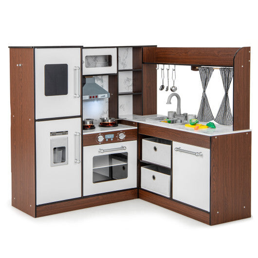 Wooden Corner Play Kitchen with Water Circulation System and Lights-Brown - Color: Brown