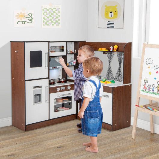 Wooden Corner Play Kitchen with Water Circulation System and Lights-Brown - Color: Brown