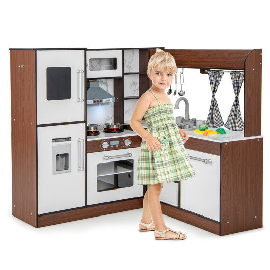 Wooden Corner Play Kitchen with Water Circulation System and Lights-Brown - Color: Brown