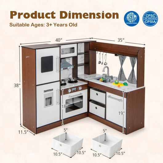 Wooden Corner Play Kitchen with Water Circulation System and Lights-Brown - Color: Brown