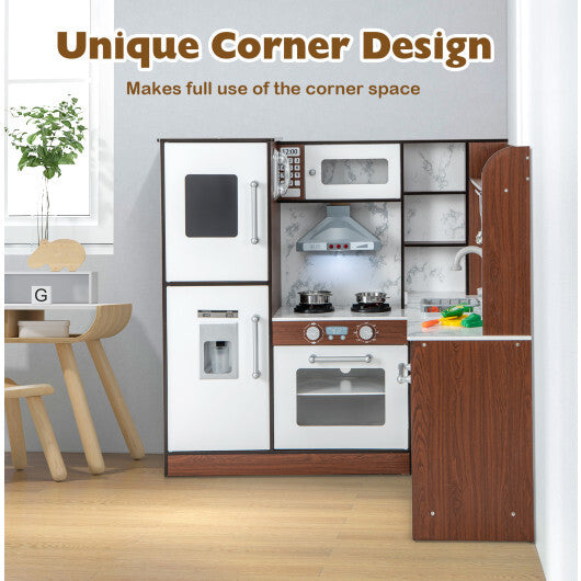 Wooden Corner Play Kitchen with Water Circulation System and Lights-Brown - Color: Brown