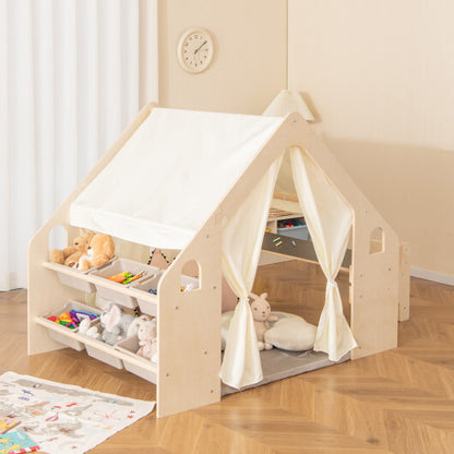 6-in-1 Kids Play Tent Playhouse with Blackboard 6 Storage Bins and Floor Cushion-Beige - Color: Beige