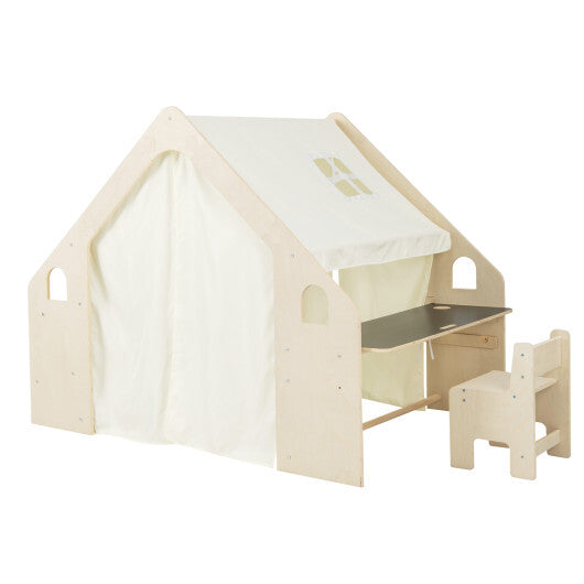 6-in-1 Kids Play Tent Playhouse with Blackboard 6 Storage Bins and Floor Cushion-Beige - Color: Beige