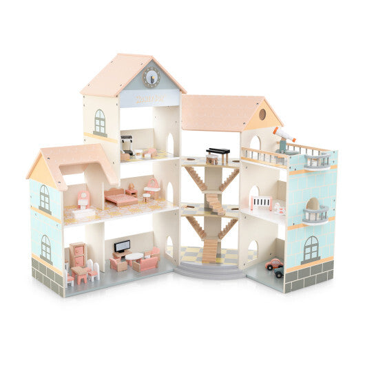 Wooden Corner Dollhouse Playset with 41 Pieces of Accessories for Kids 3+ Years Old-Orange - Color: Orange