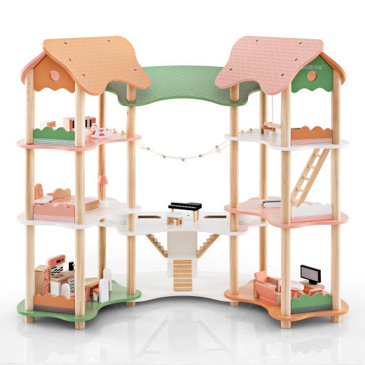 3-Tier Wooden Dollhouse for Kids Aged 3-8 Years Old with 32 Pieces of Accessories-Multicolor - Color: Multicolor