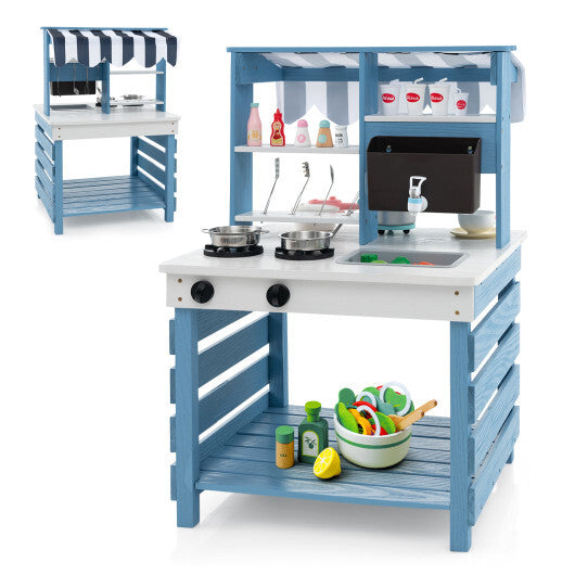 Double-sided Wooden Play Kitchen and Grocery Stand with Stoves for Kids 3+ Years Old - Color: Blue