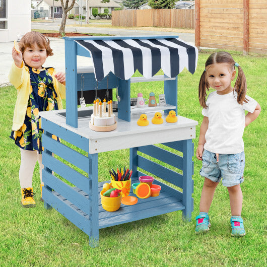 Double-sided Wooden Play Kitchen and Grocery Stand with Stoves for Kids 3+ Years Old - Color: Blue