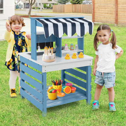 Double-sided Wooden Play Kitchen and Grocery Stand with Stoves for Kids 3+ Years Old - Color: Blue