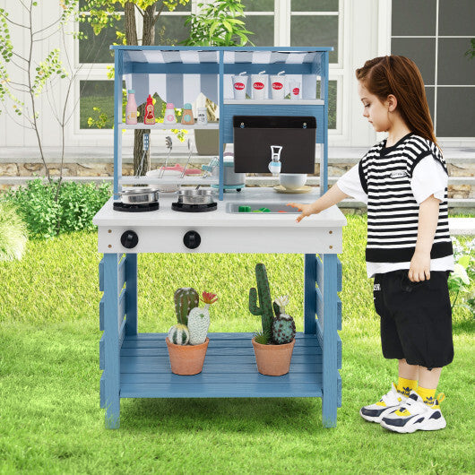 Double-sided Wooden Play Kitchen and Grocery Stand with Stoves for Kids 3+ Years Old - Color: Blue