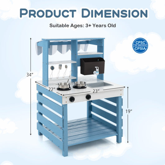 Double-sided Wooden Play Kitchen and Grocery Stand with Stoves for Kids 3+ Years Old - Color: Blue