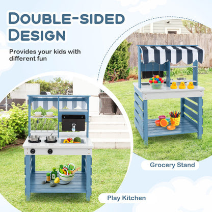 Double-sided Wooden Play Kitchen and Grocery Stand with Stoves for Kids 3+ Years Old - Color: Blue