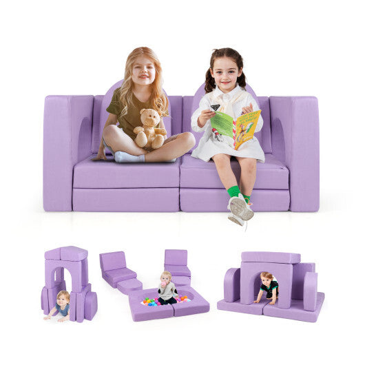 8-Piece Modular Kids Play Couch with Comfy Suede Fabric-Purple - Color: Purple