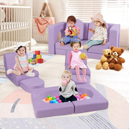 8-Piece Modular Kids Play Couch with Comfy Suede Fabric-Purple - Color: Purple