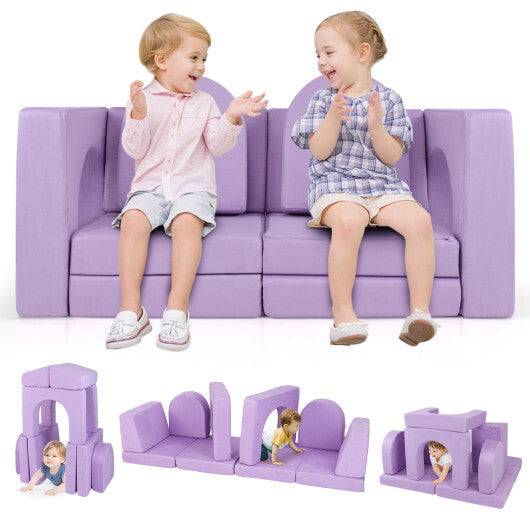 8-Piece Modular Kids Play Couch with Comfy Suede Fabric-Purple - Color: Purple